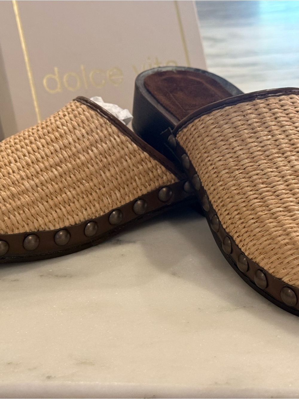Dolce Vita Tan Woven Raffia Mule Slides with Brown Stud Trim